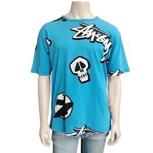Stussy Graphic T-Shirt  Size XL Blue White and Black Short Sleeve Logos & Skulls